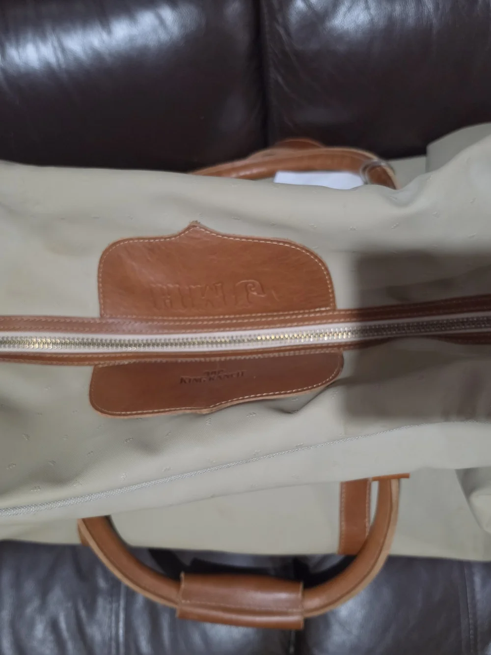 King Ranch Vintage Weekender Duffle Bag Beige Canvas Brown Leather Travel 60cm